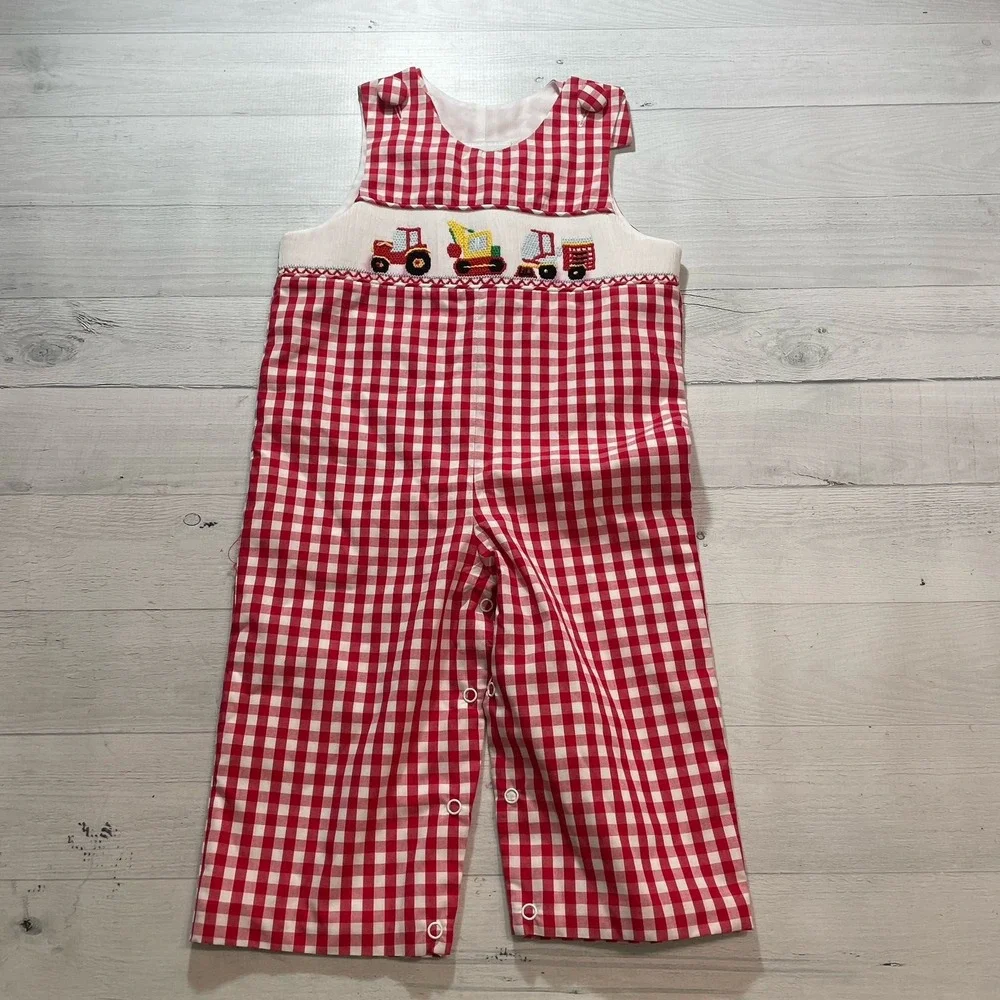 Delaney kids red‎ white vehicles smocked romper